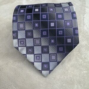 Pronto Uomo Silk Tie Purple Gray Geometric Squares Extra Long 3.75"